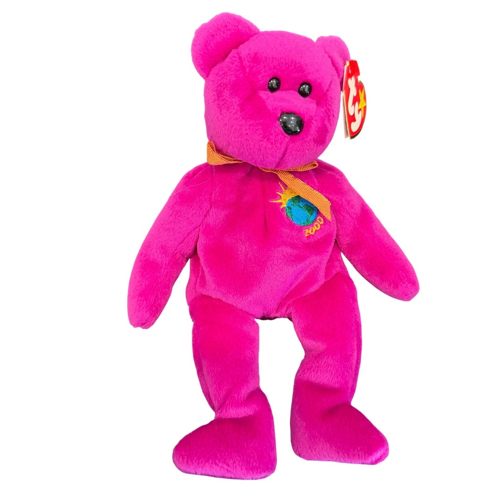 Ty Beanie Baby Millennium the Bear Fuchsia Pink 2000 Globe 1999 Vintage Plush